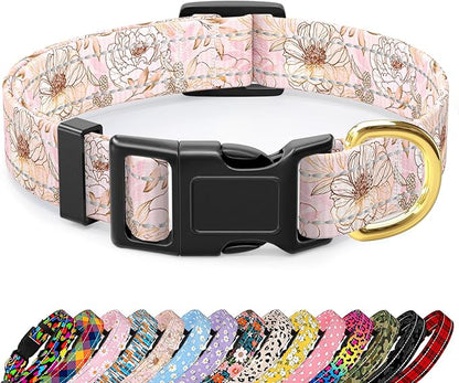 Reflective Dog Collar for Medium Dogs, Cute Flower Theme Adjustable Heavy-Duty Nylon Puppy Collar for Boy and Girl Female, Soft Pet Accessories with Quick Release Buckle, Neck 14-20", Pink