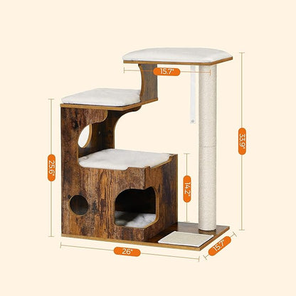 FEANDREA 33.9-Inch Cat Tower, Medium Cat Tree with 3 Beds and Cave, Cat Condo Made of MDF with Wood Veneer, Sisal Post and Washable Faux Fur, Vintage, Rustic Brown and White UPCT70HW