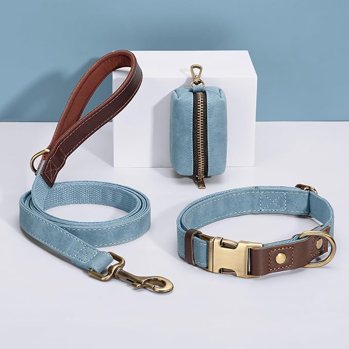 Didog Classic Dog Poop Bag Holder, Easy-Pull and Elegant PU Leather Pet Waste Bag Dispenser for Leash with Carabiner Clip, Includes 1 Roll Dog Waste Bag for Daily Walking,Denim Blue
