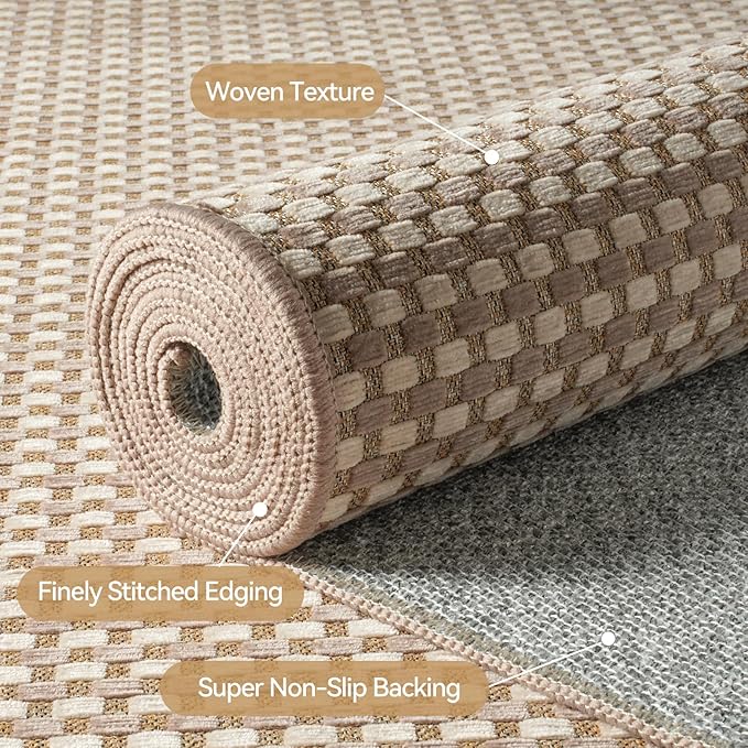 Boho Washable Area Rugs 5x7 ft, Non Slip Area Rug for Living Room, Braided Office Rugs Bedroom Rug Woven Washable Indoor Floor Carpets for Office Dining Bedroom Living Room, Easy to Clean, Brown