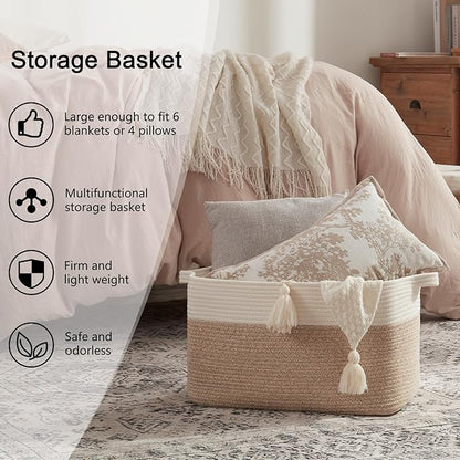 OIAHOMY Large Storage Basket, Cotton Rope Woven Blanket Basket, Toy Bin for Baby Room, Container for Blanket Storage in Living Room, 20''×16''×12'', Brown & White