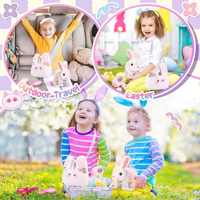Easter Hopping Bunny Toy for Kids with Crossbody Bags, Interactive Wiggle Ears Rabbit Toy for Girls Trip Pretend Play Robot Pet Care Cute Stuff Plushies Birthday Gifts Easter Basket Stuffers