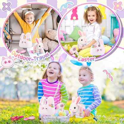 Easter Hopping Bunny Toy for Kids with Crossbody Bags, Interactive Wiggle Ears Rabbit Toy for Girls Trip Pretend Play Robot Pet Care Cute Stuff Plushies Birthday Gifts Easter Basket Stuffers