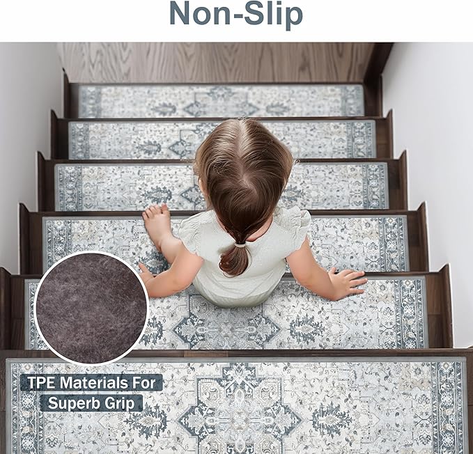 Non Slip Stair Treads for Wooden Steps 15PCS - 8"x30" Indoor Safety Carpet, Edging Mats with TPE Adhesive Backing, Pet and Elderly Friendly Stair Rugs (Blue)