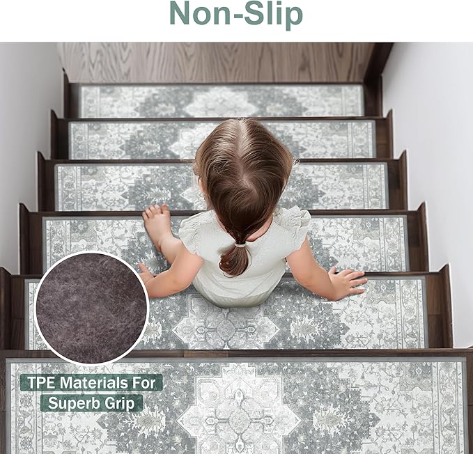 Non Slip Stair Treads for Wooden Steps 15PCS - 8"x30" Indoor Safety Carpet, Edging Mats with TPE Adhesive Backing, Pet and Elderly Friendly Stair Rugs (Grey)