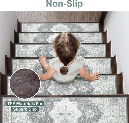 Non Slip Stair Treads for Wooden Steps 15PCS - 8"x30" Indoor Safety Carpet, Edging Mats with TPE Adhesive Backing, Pet and Elderly Friendly Stair Rugs (Grey)