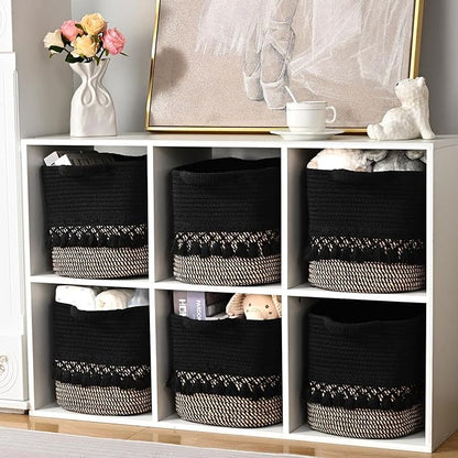 3 Pack Storage Basket for Shelves, Boho Cotton Rope Storage Bins with Heavy Tassel, Shelf Baskets Large Woven Baskets for Organizing, Cube Organizer Bins, Baby Laundry Basket for Clothes, Toys, Pets