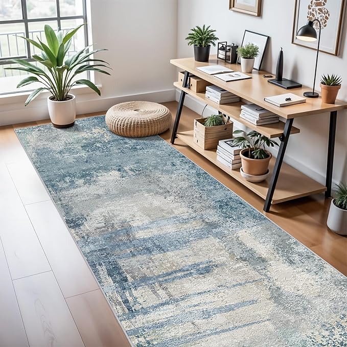 3x10 Extra Long Runner Rug Non-Slip Washable - Abstract Modern Indoor Hallway Carpet for Long Entryways, Kitchen, Bedroom - Soft Thin Low Pile Floor Runners for High Traffic Areas 3x10 Blue