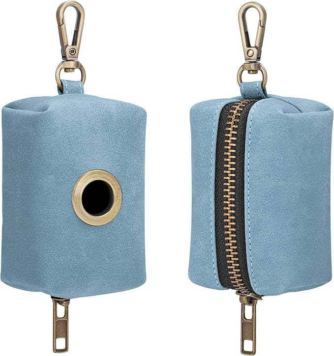 Didog Classic Dog Poop Bag Holder, Easy-Pull and Elegant PU Leather Pet Waste Bag Dispenser for Leash with Carabiner Clip, Includes 1 Roll Dog Waste Bag for Daily Walking,Denim Blue