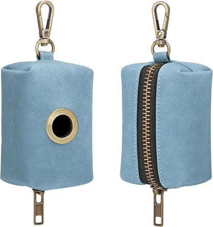 Didog Classic Dog Poop Bag Holder, Easy-Pull and Elegant PU Leather Pet Waste Bag Dispenser for Leash with Carabiner Clip, Includes 1 Roll Dog Waste Bag for Daily Walking,Denim Blue