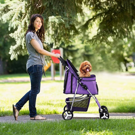 4 Wheels Dog Stroller Folding Pet Strolling Cart for Small Medium Cats Puppies Portable Jogger Travel Camping Puppy Carrier with Storage Basket Cup Holder, Purple