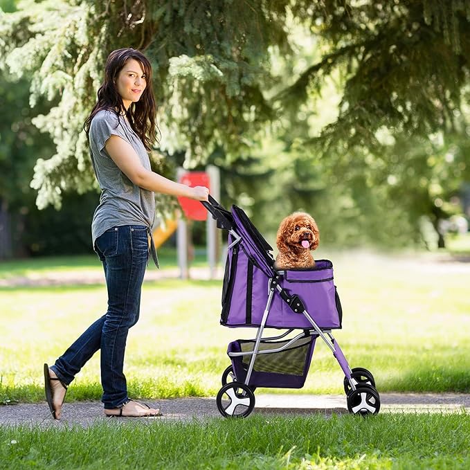 LEMY Pet Stroller,4 Wheels Dog Cat Stroller with Storage Basket&Cup Holder,Folding Dog Cat Cage Jogger Strollers for Small Medium Dogs Cats Travel,Purple