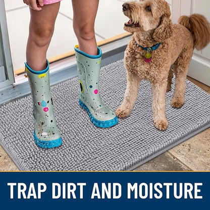 Smiry Dog Door Mat for Muddy Paws 30x20, Absorbs Moisture and Dirt Doormat, Non-Slip Washable Quick Dry Chenille Front Door Mat Indoor Entrance, Entryway Carpet for Inside Floor, Light Grey
