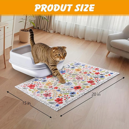 Cat Litter Mat, 20x15 in Litters Box Mat Waterproof Non-slip Easy to Clean Washable Trapping Mat for Kitty(White Leaves)