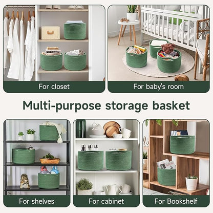Small Rope Baskets for Storage, Baskets for Gifts Empty, Cute Round Woven Basket, Decorative Shelf Baskets 9.82×9.82×7.1", Cotton Toy Basket Storage Bins for Organizer 3 Packs Green