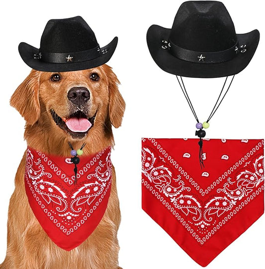 GOYOSWA Dog Halloween Costumes, Dog Cowboy Costume Halloween Pet Cowboy Hat Bandana Scarf for Small Medium Large Dogs Pets (Black Hat & Red Bandana, Large)