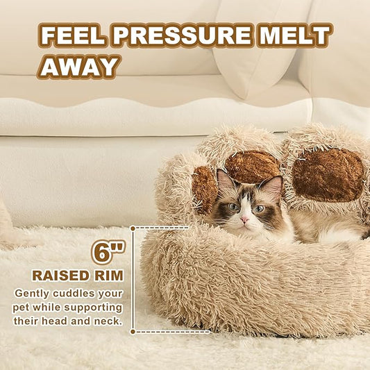 Jiupety Paw Shape Calming Pet Bed, Plush Faux Fur Donut Bed for Dogs & Cats, Machine Washable, Non-Slip Bottom, Medium (22"×22"×6"), Camel