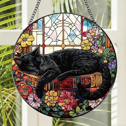 Stained Glass Window Hanging, 7.8″ Cat and Flower Sun Catchers with Hook Indoor Window Decor, Decorative Suncatchers Hanging Ornaments Home Garden Art Gift for Housewarming