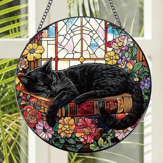 Stained Glass Window Hanging, 7.8″ Cat and Flower Sun Catchers with Hook Indoor Window Decor, Decorative Suncatchers Hanging Ornaments Home Garden Art Gift for Housewarming