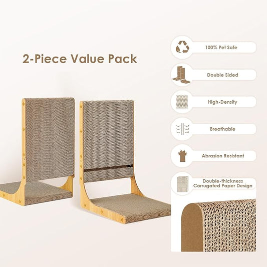 EHEYCIGA 2-Pack Cat Scratcher, 19.7 Inch L-Shaped Cardboard Scratch Pad for Indoor Cats, Vertical Cat Scratching Board with Ball Toy, Furniture Protector, Reversible Design for Double Life, Medium