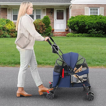 Pet Stroller for Small Medium Dogs Cats, Lightweight Foldable Pet Wagon with 360° Front Wheels & Brake, 40 lbs Capacity Carrier for Park Travel Shopping, Breathable Mesh Basket (Navy Blue)