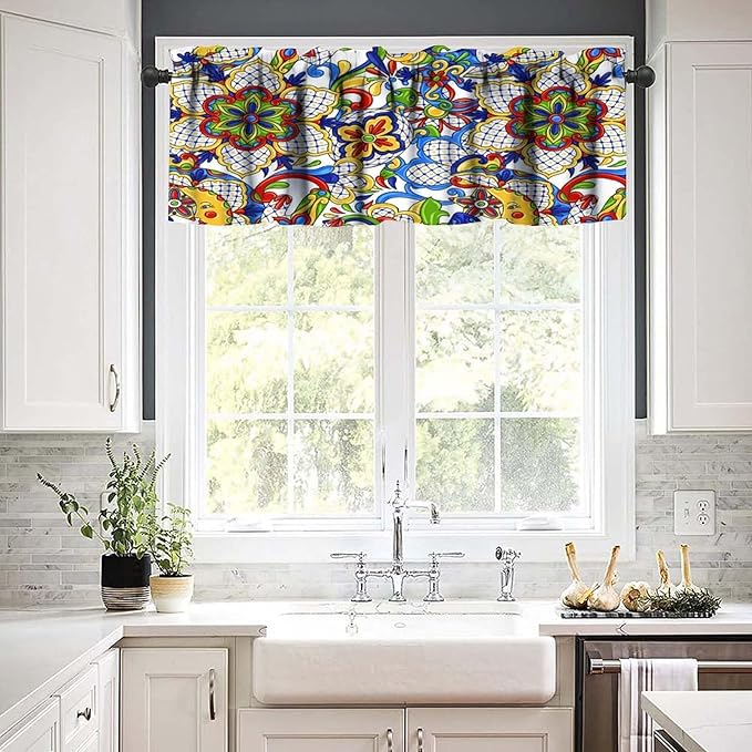 Mexico Valance Curtains Rustic Ethnic Folk Mexican Traditional Talavera Tile Pattern Window Treatment Valances Short Curtains Rod Pocket Drape for Dining Room Home Kitchen Decor, 54x18inch