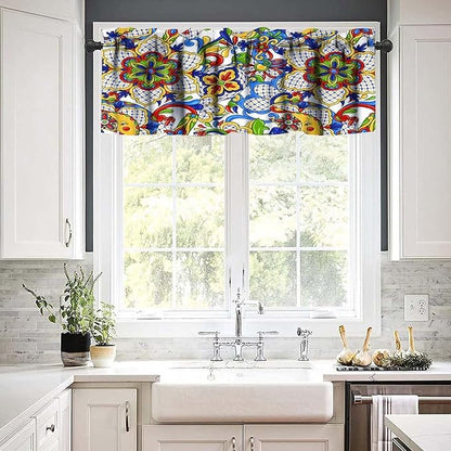 Mexico Valance Curtains Rustic Ethnic Folk Mexican Traditional Talavera Tile Pattern Window Treatment Valances Short Curtains Rod Pocket Drape for Dining Room Home Kitchen Decor, 54x18inch