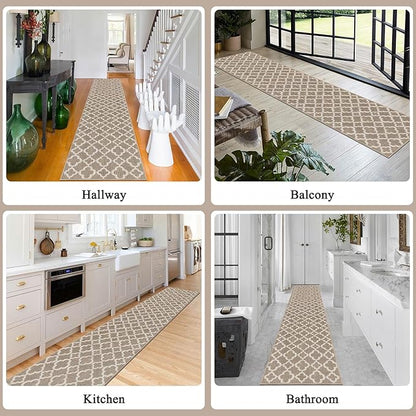 U'Artlines Long Runner Rug for Hallway 2×10feet Non Slip Kitchen Floor Carpet Runners Beige Geometric Pattern Machine Washable Area Rug for Entryway Bathroom