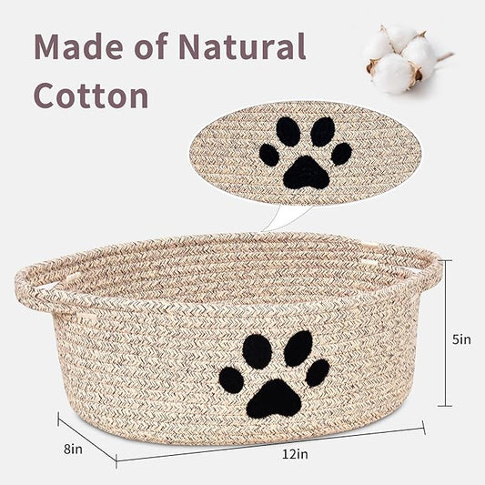 ABenkle Small Woven Basket with Handle, Cute Dog Paw Baskets for Gifts Empty, Decorative Rope Woven Storage Dog Toy Basket, Nursery Baskets for Baby Shower, 12" x 8" x 5"
