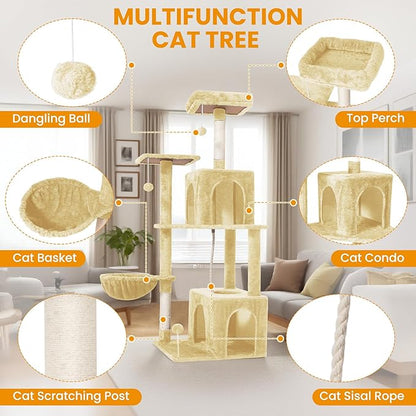 Cat Tree, 54-Inch Cat Tower for Indoor Cats, Soft Plush Multi-Level Climbing Cat Condo with Scratching Posts, Basket, Perches,2 Caves,2 Pompoms Play House for Cat(Beige)