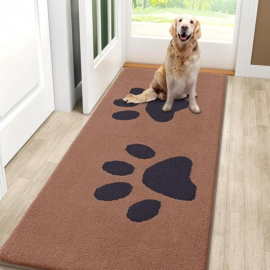 Smiry Dog Door Mat for Muddy Paws, Absorbs Moisture and Dirt, Low-Profile Entryway Mat with Non-Slip Backing, Entry Indoor Outdoor Doormat for Inside Floor (59x24 Inches, Camel and Black, Paw)