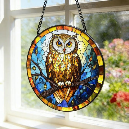 Owl Stained Glass Suncatcher,7.8-in Colorful Bird Window Hanging Ornament for Indoor & Outdoor Decor, Gift for Bird Lovers, Women, Mom, Grandma, Living Room, Garden, Porch, Housewarming