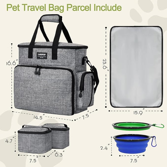 LARIPOP Dog Travel Bag Airline Friendly for Small Medium Large Dogs, Pet Travel Organizer with Collapsible Bowls Food Containers Mat, Waterproof Portable Tote for Dog Outdoor Travel