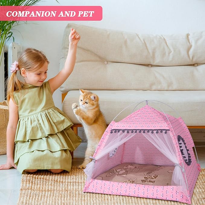 Gigreinc Cat Princess Indoor Tent House Pet Dog Cute Floral Cave Nest Bed Portable Dog Tents (L:48x48x46cm/18.8x18.8x18inch, Floral Pink)