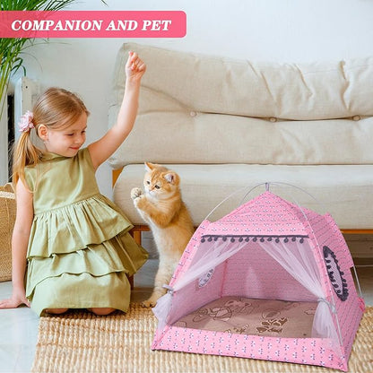 Gigreinc Cat Princess Indoor Tent House Pet Dog Cute Floral Cave Nest Bed Portable Dog Tents (L:48x48x46cm/18.8x18.8x18inch, Floral Pink)