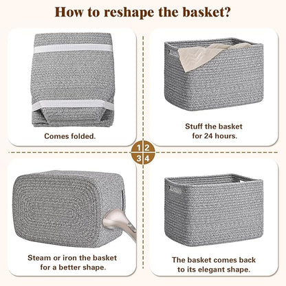 Storage Baskets for Organizing, 4 Pack Baskets for Shelves, Decorative Storage Bins for Shelves, Cotton Rope Storage Basket with Handles, Woven Basket for Storage, 13''Lx8.7''Wx7.9''H, Gray