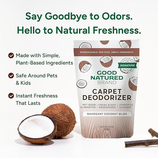 Good Natured Brand | Carpet Deodorizer & Freshener Powder | 31 oz Pet Odor Eliminator for Strong Odor & Pet Urine | Fresh Natural Mahogany Coconut Bliss Scent | Safe for Homes with Pets
