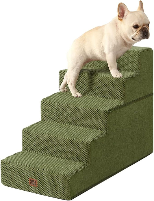 EHEYCIGA Dog Stairs for High Bed 22.5" H, 5-Step Dog Steps for Bed, Pet Steps for Small Dogs and Cats, Non-Slip Balanced Pet Ramp Indoor, Olive Green