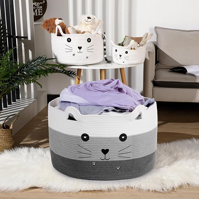 Zopeal Cat Basket Storage Woven Organizer with Ears Easter Decorative Pet Toy Cute Cotton Rope Basket for Gift Cat Dog Toy Bin Nursery Room(21.7 x 13.8 Inch,White, Light Gray and Gray)