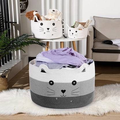 Zopeal Cat Basket Storage Woven Organizer with Ears Easter Decorative Pet Toy Cute Cotton Rope Basket for Gift Cat Dog Toy Bin Nursery Room(21.7 x 13.8 Inch,White, Light Gray and Gray)