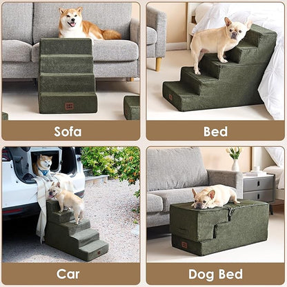 EHEYCIGA Dog Stairs for High Bed 22.5" H, 5-Step Dog Steps for Bed, Pet Steps for Small Dogs and Cats, Non-Slip Balanced Pet Ramp Indoor, Military Green