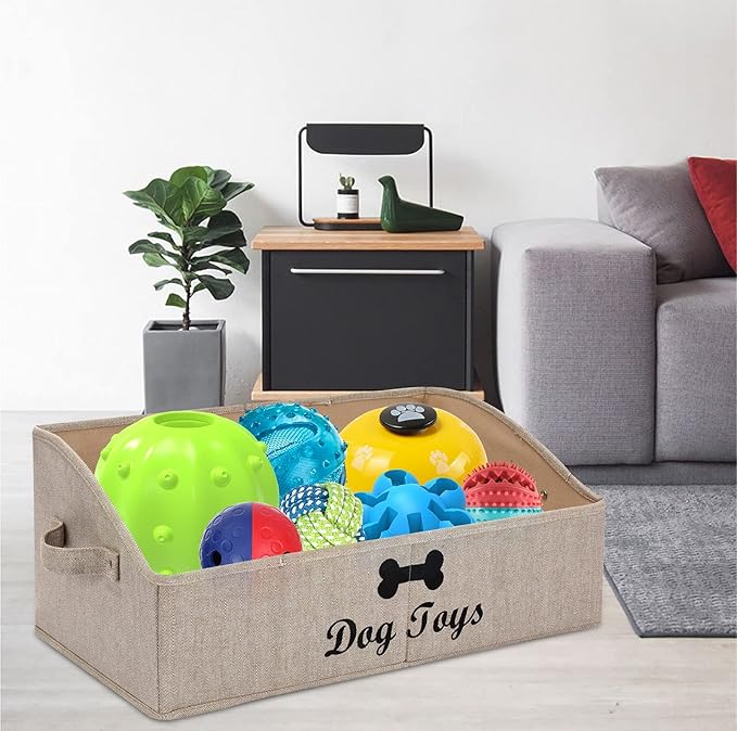 Morezi Linen-cotton blend dog toy basket and dog toy box, dog toy basket storage - Perfect for organizing pet toys, blankets, leashes, chew toys - Khaki Stripe - Dog