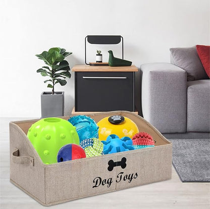 Morezi Linen-cotton blend dog toy basket and dog toy box, dog toy basket storage - Perfect for organizing pet toys, blankets, leashes, chew toys - Khaki Stripe - Dog