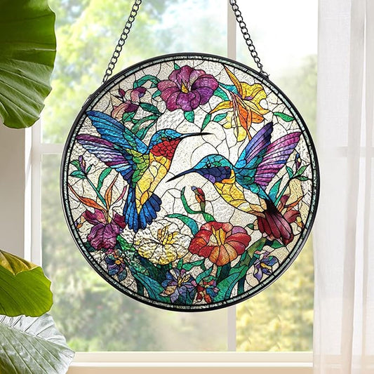 Hummingbird Stained Glass Window Hanging, 7.8″ Sun Catchers with Hook Indoor Window Decor, Decorative Suncatchers Home Garden Art Gift for Bird Lovers Thanksgiving Christmas Housewarming