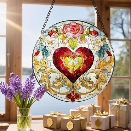 Stained Glass Window Hanging, 8 in Valentine Heart Sun Catcher, Stained Glass Suncatcher, Gift for Wife, Gift for Girlfriend, Mother's Day, Christmas, Birthday, Valentine's Day Gifts for Couple, Her
