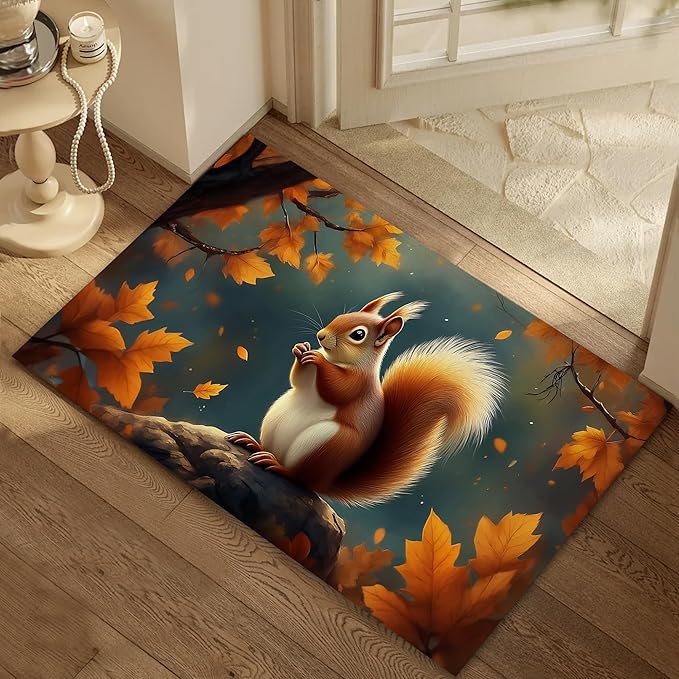 Door Mat, Cute Squirrel Rugs for Front Door,Non-Slip Fall Maple Leaf Low Profile Indoor Outdoor Welcome Mat for Entry Patio, Porch, Hallways,Kitchen 30 x 17 Inch