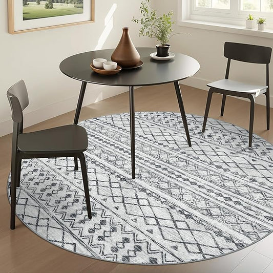 KUTA Boho Round Area Rugs 6Ft Grey Moroccan Circle Washable Rug Non-Slip, Soft Distressed Geometric Low-Pile Throw Carpet for Living Room Bedroom Nursery Dorm Decor