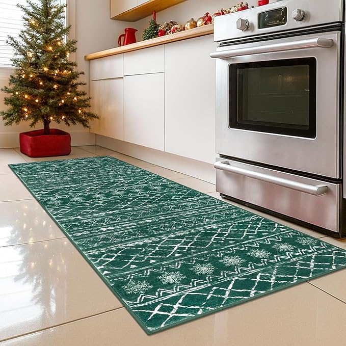 KUTA Spring Washable Hallway Runner Rug, 2x6 Non-Slip Vintage Boho Rugs Kitchen Runners Green Ultra Soft Distressed Geometric Floor Carpet for Bedroom Laundry Living Room