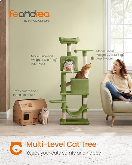 Feandrea Cat Tree, 59.5-Inch Tall Cat Tower, Plush Multi-Level Condo with 5 Scratching Posts, 2 Perches, 2 Caves, Hammock, 2 Pompoms, Grass Green UPCT192C02