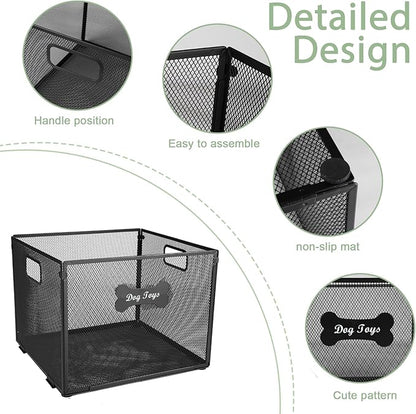 2pack Dog Toy Box, Large Metal Dog Toy Basket-Wire Mesh Basket-Cute Pawprint Dog Bone-Pet Accessory Rust-Resistant Finish-for Cat Toys Organization & Storage